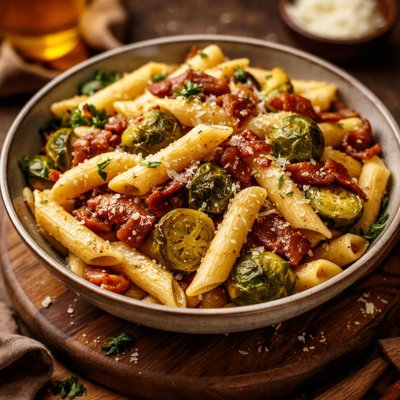Image of Penne with Brussels Sprouts and Crisp Bacon