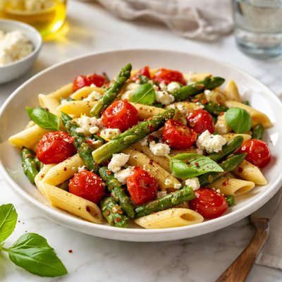 Image of Penne with Cherry Tomatoes Asparagus and Goat Cheese