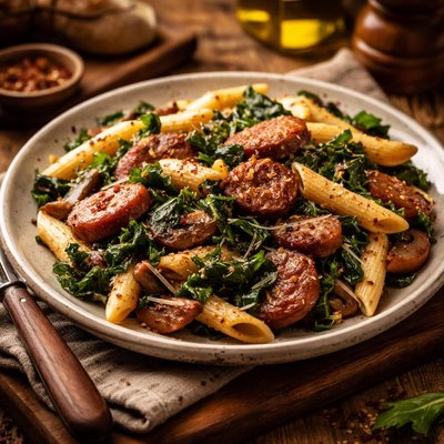 Image of Penne with Collards Sausage and Mushrooms