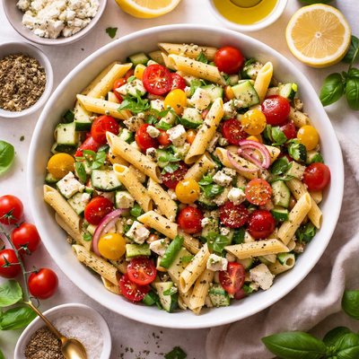 Image of Penne with Cucumbers Tomatoes and Feta Cheese Salad