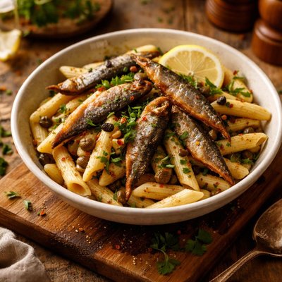 Image of Penne with Fried Sardines Capers and Parsley