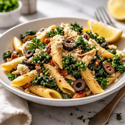 Image of Penne with Goat Cheese Kale Olives and Turkey