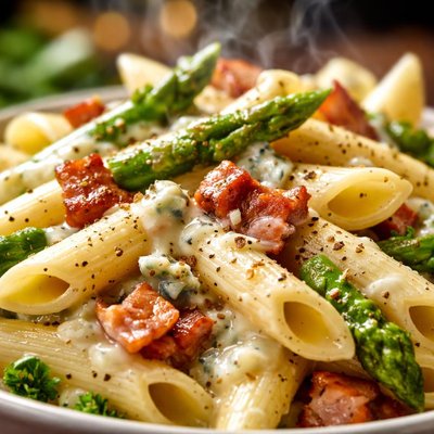 Image of Penne with Gorgonzola Dolce Pancetta and Asparagus
