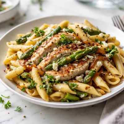 Image of Penne with Grilled Chicken Gorgonzola Asparagus and Caramelize