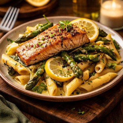Image of Penne with Grilled Salmon Asparagus and Lemon Butter