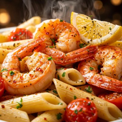 Image of Penne with King Prawns Jumbo Shrimp Cherry Tomatoes and Lemon