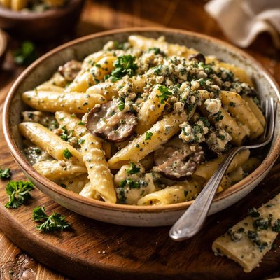 Image of Penne with Mushroom with Blue Cream Cheese Melted in