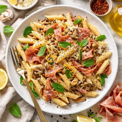 Image of Penne with Oyster Mushrooms Prosciutto and Mint