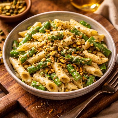 Image of Penne with Pistachios Asparagus and Cream