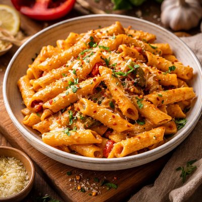 Image of Penne with Roasted Red Pepper Artichoke Garlic Puree