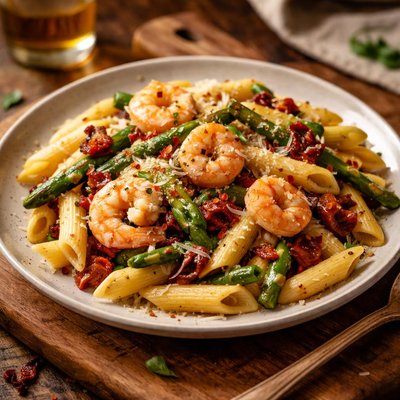 Image of Penne with Shrimp Asparagus Sun Dried Tomatoes