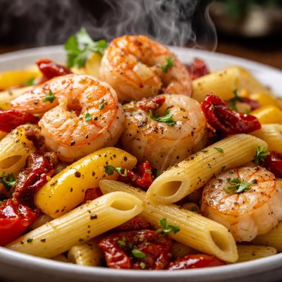 Image of Penne with Shrimp Scallops Bell Peppers and Sun Dried Tomatoes