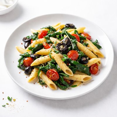 Image of Penne with Spinach Tomatoes and Olives