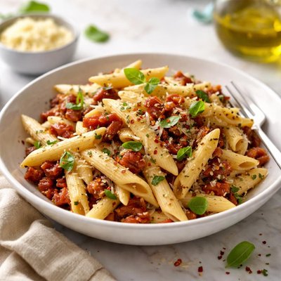 Image of Penne with Sun Dried Tomatoes and Asiago Cheese