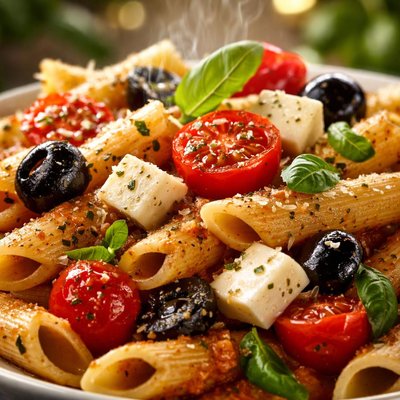 Image of Penne with Tomatoes Olives and Two Cheeses