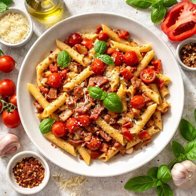 Image of Penne with Tomatoes Pancetta and Red Pepper