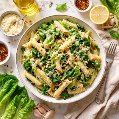 Image of Penne with Wilted Lettuce Pine Nuts and Parmesan