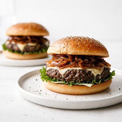 Image of Pepper Burgers with Caramelized Onions