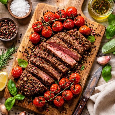 Image of Pepper Crusted Beef with Cherry Tomatoes