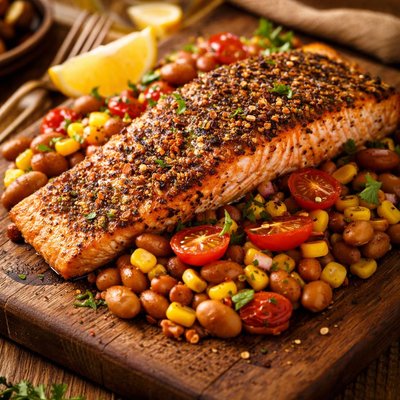 Image of Pepper Crusted Salmon with Pinto Beans Corn and Tomatoes