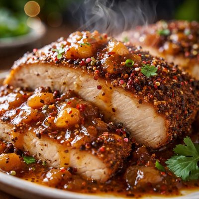 Image of Pepper Crusted Turkey or Chicken Cutlets with Chutney Sauce