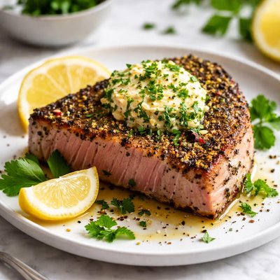 Image of Pepper Grilled Tuna Steak with Parsley Garlic Butter