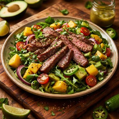 Image of Pepper Steak Salad with Mango Avocado and Jalapeno Vinaigrette