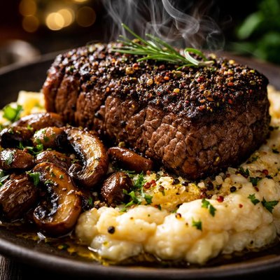 Image of Pepper Steak with Butter Bean Mash and Portabella Mushrooms