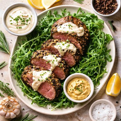 Image of Peppercorn and Mustard Beef Filet with Horseradish Mayonnaise