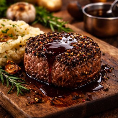 Image of Peppercorn Crusted Filet Mignon with Port Jus