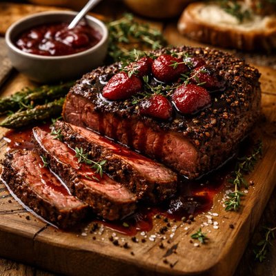 Image of Peppered Beef Steak with Strawberry Balsamic Sauce
