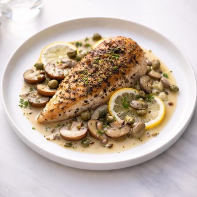 Image of Peppered Chicken with Lemon Mushroom Wine Sauce