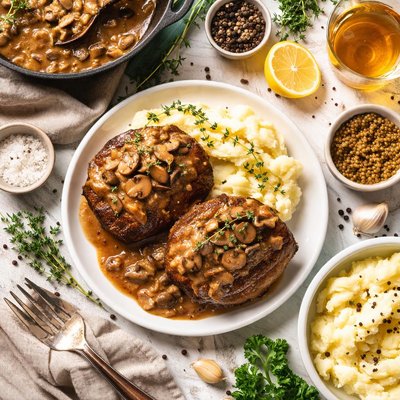 Image of Peppered Filet Mignons with Mushroom Bourbon Sauce