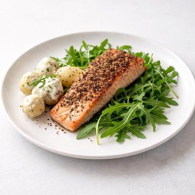 Image of Peppered Salmon W Arugula Rocket and Yogurt Dressed Potatoes