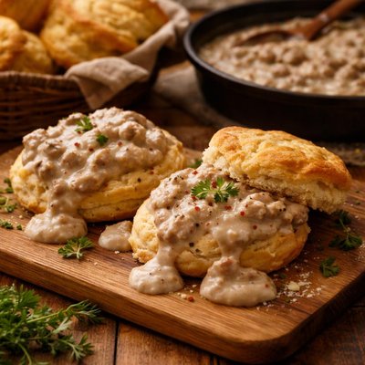 Image of Peppered Sausage Gravy and Biscuits