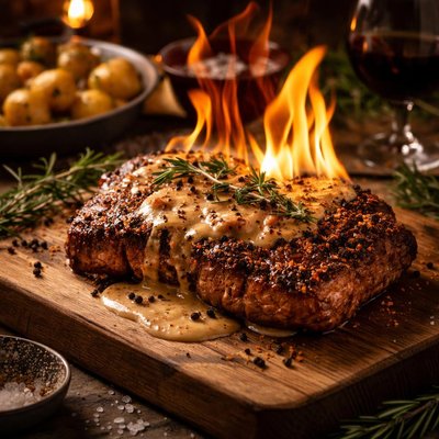 Image of Peppered Steak with Brandy Flambe