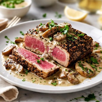 Image of Peppered Tuna with Mushroom Sauce