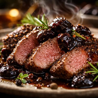 Image of Peppered Venison with Balsamic Prune Sauce