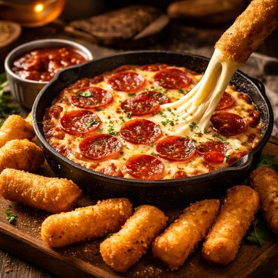 Image of Pepperoni Pizza Dip with Mozzarella Sticks