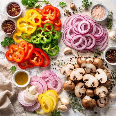 Image of Peppers Onions and Mushrooms