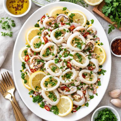 Image of Calamar hervido a la perfección con limón y hierbas para Whole30.