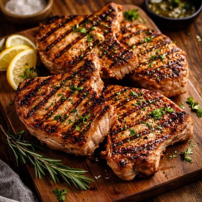 Image of Chuletas de cerdo a la parrilla perfectamente hechas para Whole30.