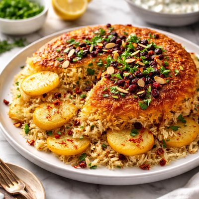 Image of Persian Tahdeeg Rice and Potatoes