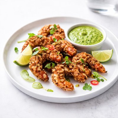 Image of Peruvian Quinoa Shrimp Chicharrones with Green Aji Sauce