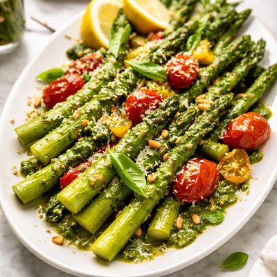 Image of Pesto Glazed Asparagus with Cherry Tomatoes