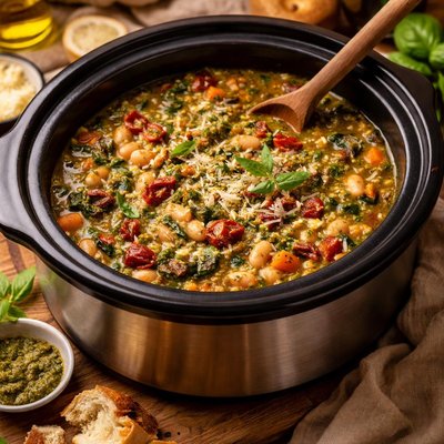 Image of Pesto Infused White Bean and Sun Dried Tomato Stew Crockpot