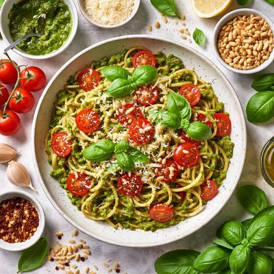 Image of Pesto Pasta with Tomatoes and Pine Nuts