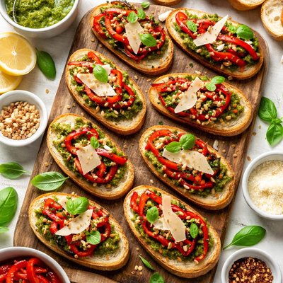 Image of Pesto Roasted Red Pepper and Parmesan Bruschetta