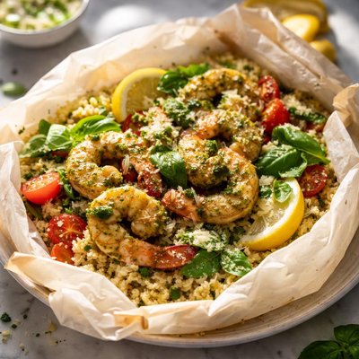 Image of Pesto Shrimp with Couscous with Parchment Paper