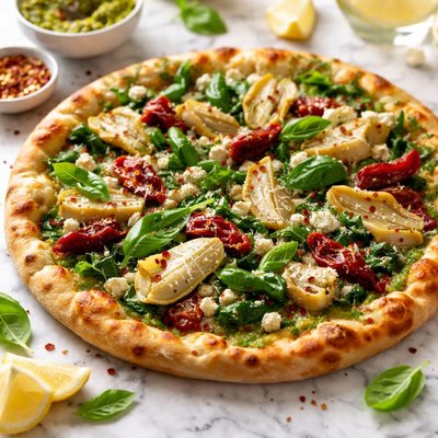 Image of Pesto Sun Dried Tomato Artichoke Spinach Feta Pizza